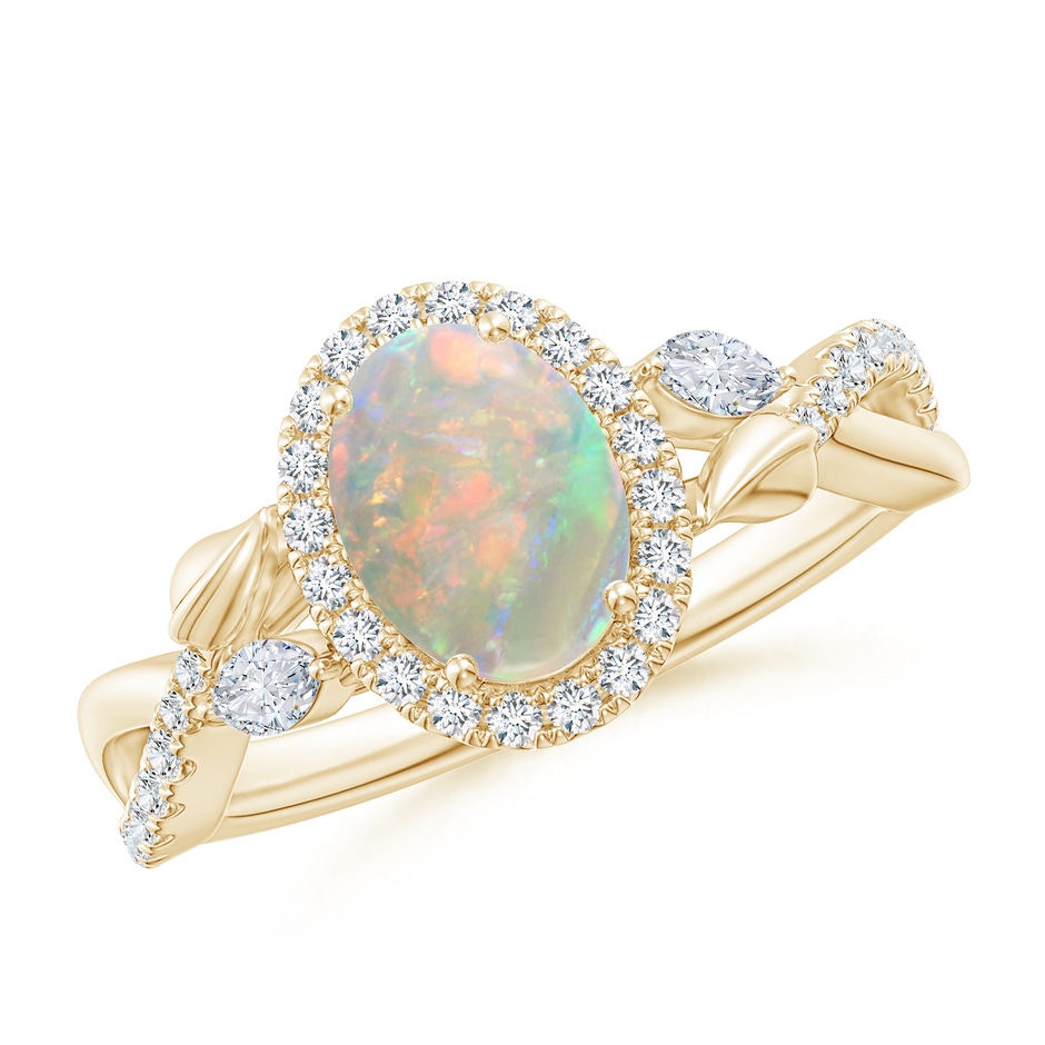 8x6mm AAAA Oval Opal Twisted Vine Ring with Diamond Halo in Yellow Gold 