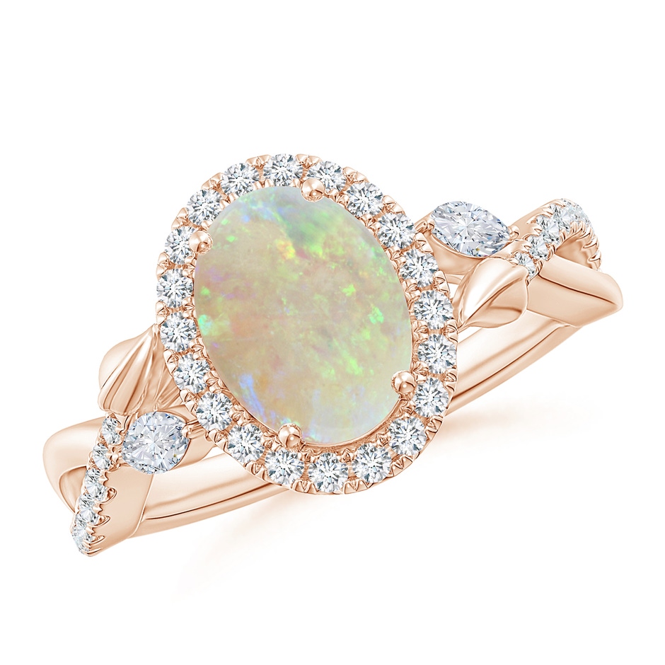 9x7mm AAA Oval Opal Twisted Vine Ring with Diamond Halo in Rose Gold 