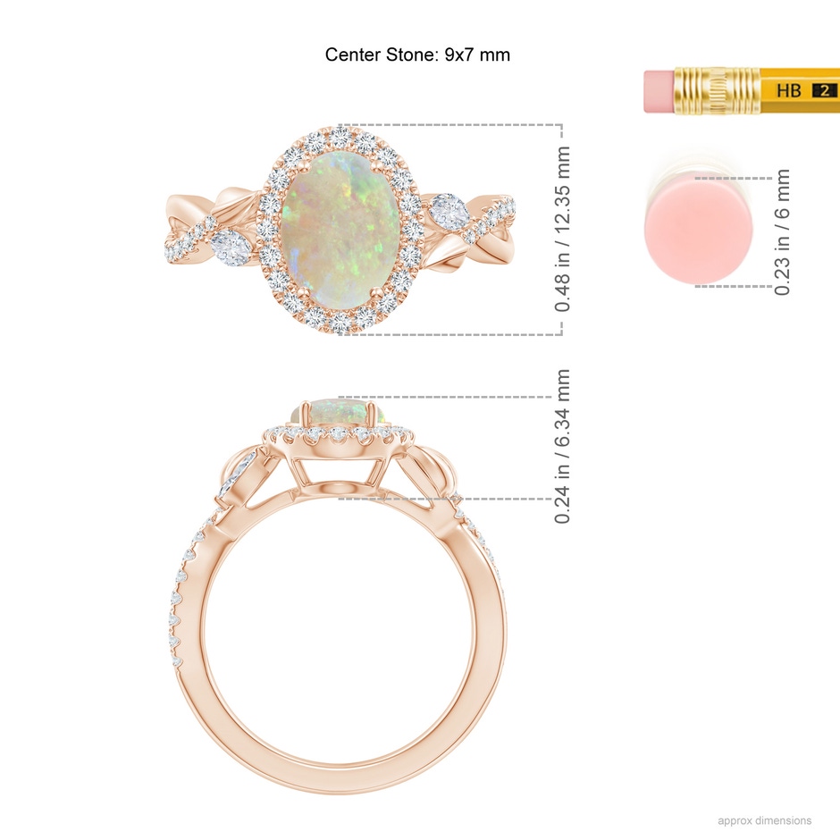 9x7mm AAA Oval Opal Twisted Vine Ring with Diamond Halo in Rose Gold ruler