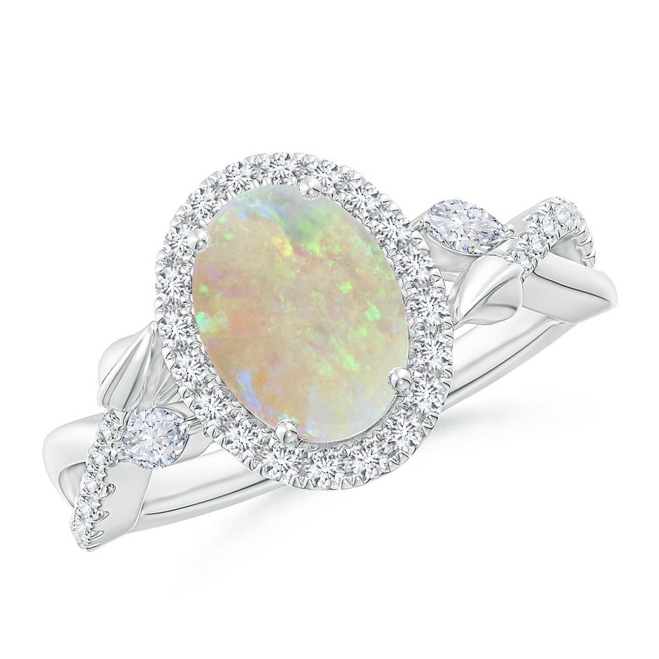 9x7mm AAA Oval Opal Twisted Vine Ring with Diamond Halo in White Gold 