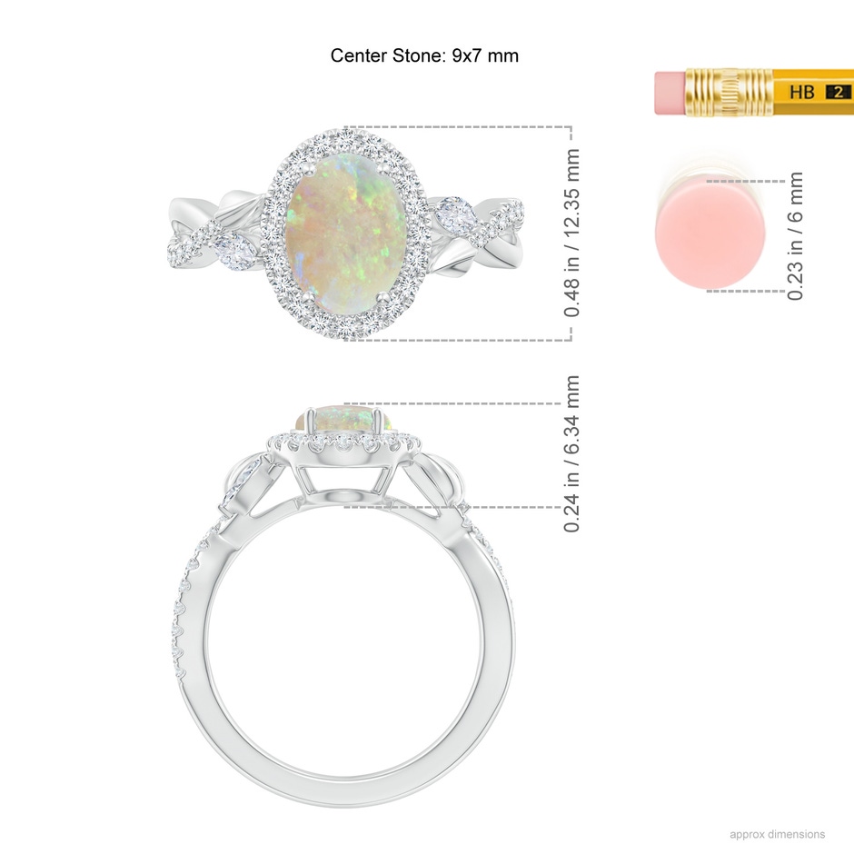 9x7mm AAA Oval Opal Twisted Vine Ring with Diamond Halo in White Gold ruler