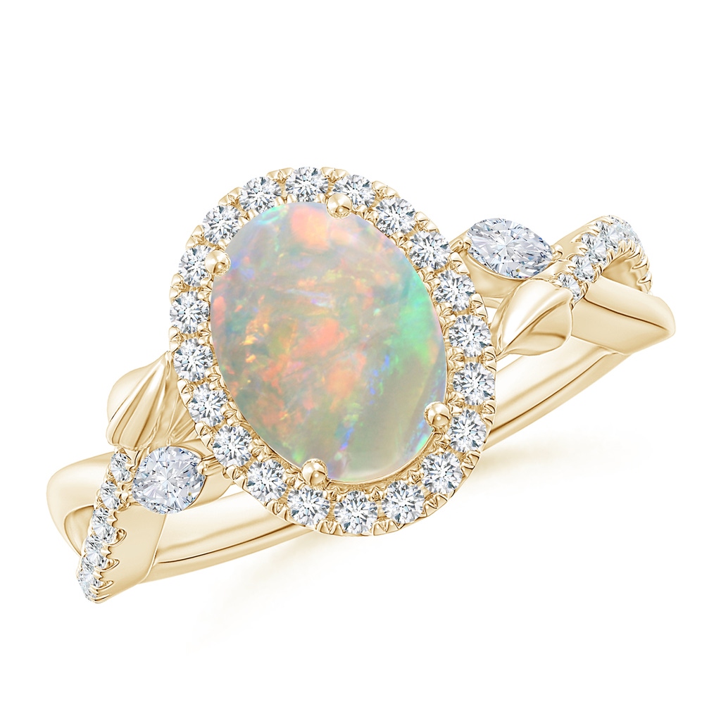 9x7mm AAAA Oval Opal Twisted Vine Ring with Diamond Halo in 9K Yellow Gold 