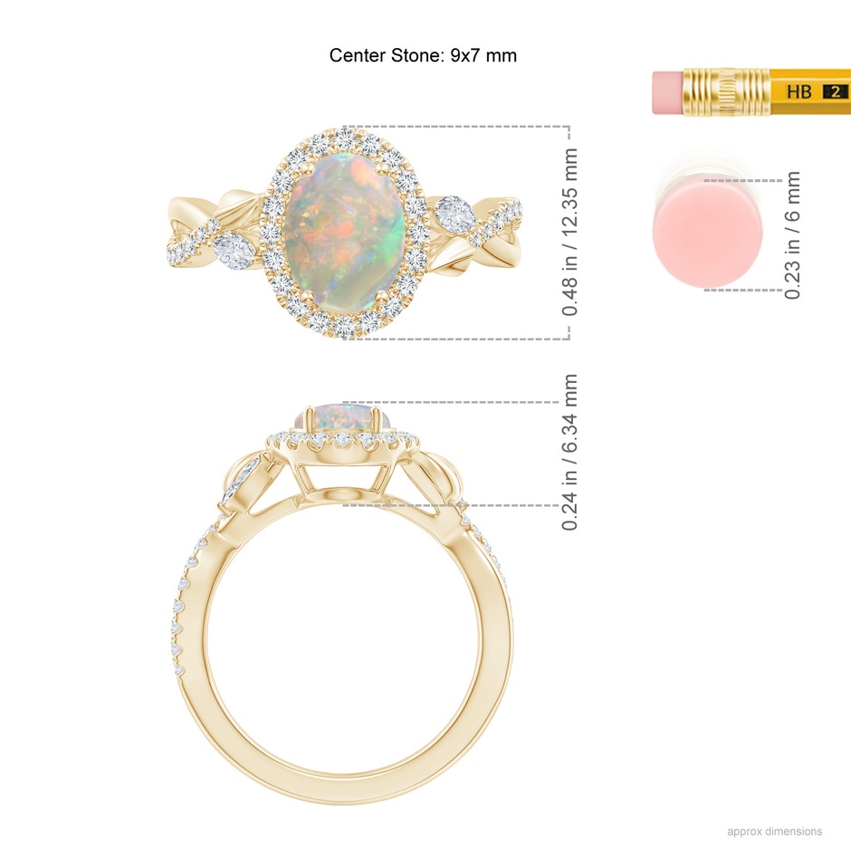 9x7mm AAAA Oval Opal Twisted Vine Ring with Diamond Halo in 9K Yellow Gold ruler