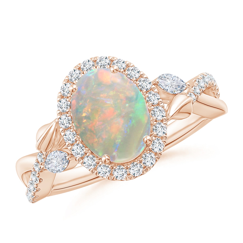 9x7mm AAAA Oval Opal Twisted Vine Ring with Diamond Halo in Rose Gold