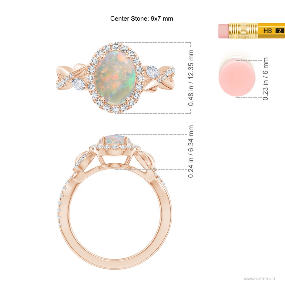 9x7mm AAAA Oval Opal Twisted Vine Ring with Diamond Halo in Rose Gold ruler