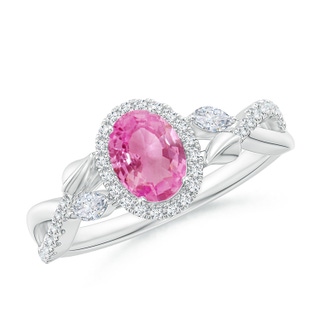 7x5mm AA Oval Pink Sapphire Twisted Vine Ring with Diamond Halo in White Gold