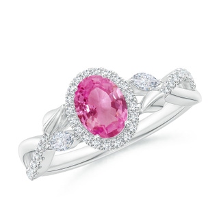 7x5mm AAA Oval Pink Sapphire Twisted Vine Ring with Diamond Halo in White Gold