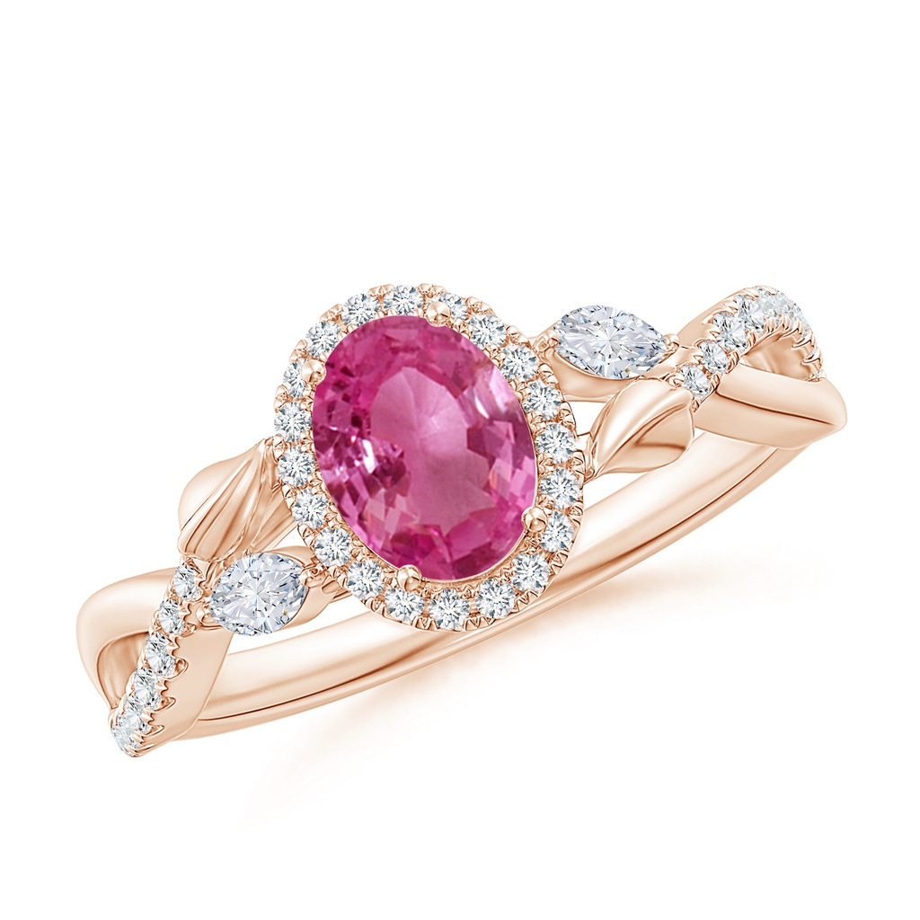 7x5mm AAAA Oval Pink Sapphire Twisted Vine Ring with Diamond Halo in Rose Gold