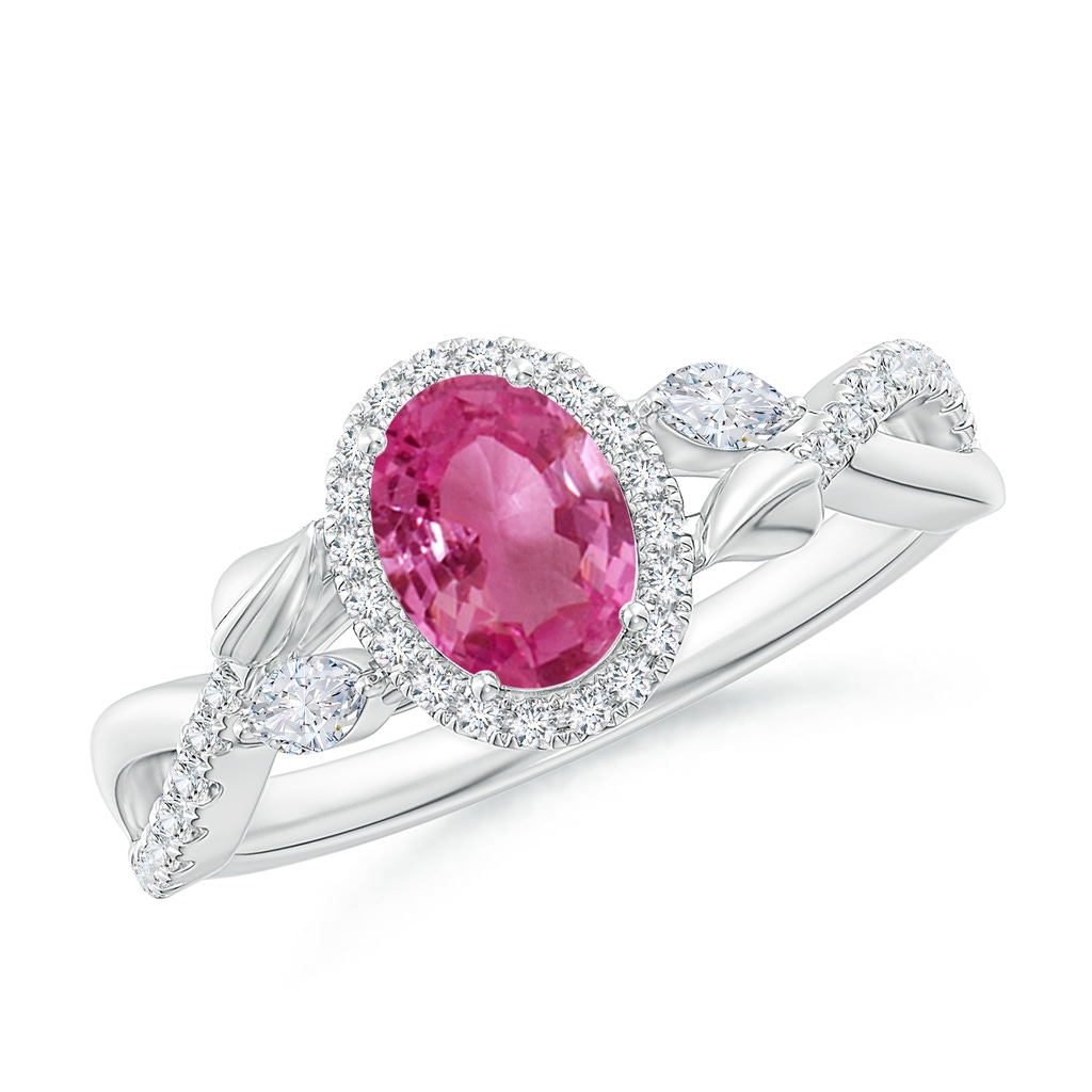7x5mm AAAA Oval Pink Sapphire Twisted Vine Ring with Diamond Halo in White Gold