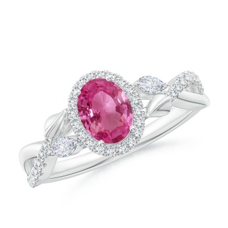 7x5mm AAAA Oval Pink Sapphire Twisted Vine Ring with Diamond Halo in White Gold
