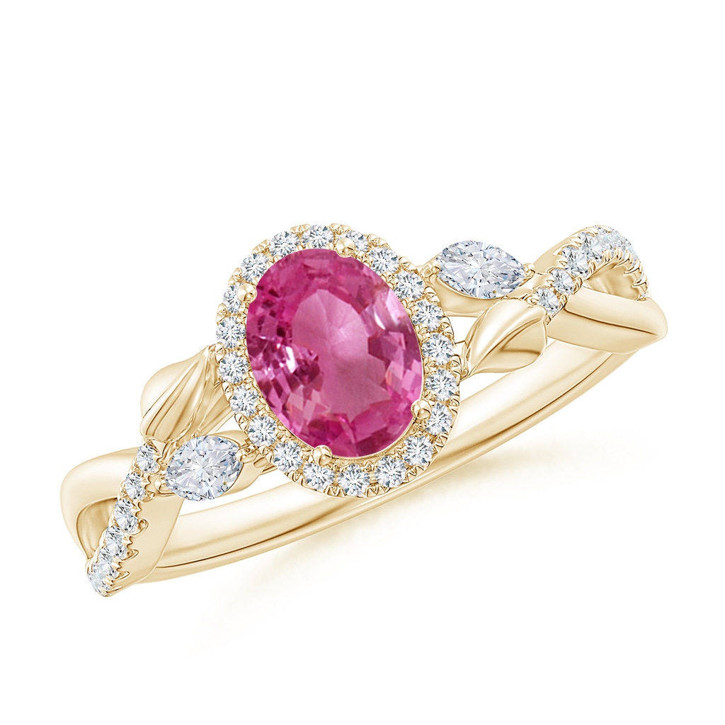 7x5mm AAAA Oval Pink Sapphire Twisted Vine Ring with Diamond Halo in Yellow Gold
