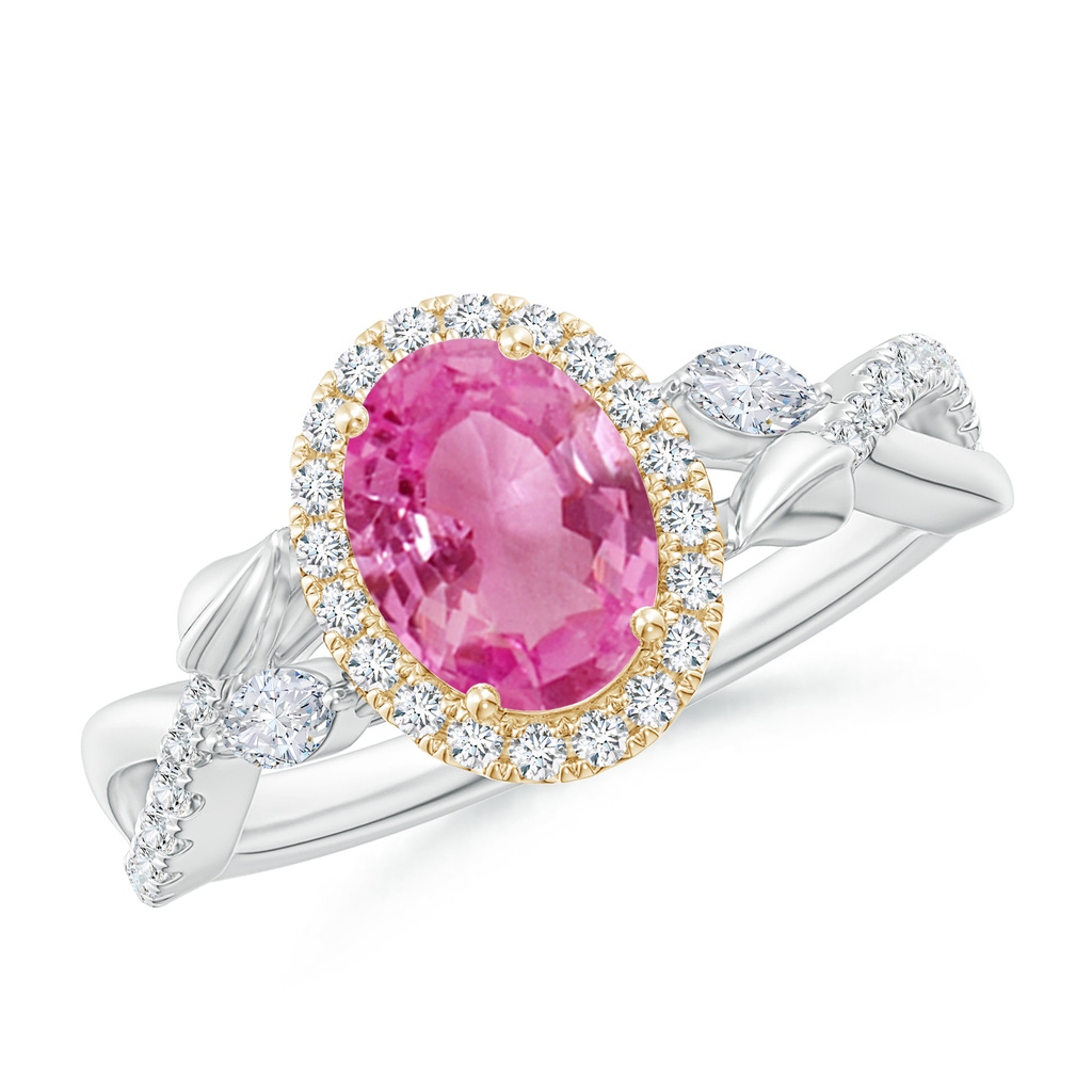 8x6mm AAA Oval Pink Sapphire Twisted Vine Ring with Diamond Halo in White Gold Yellow Gold