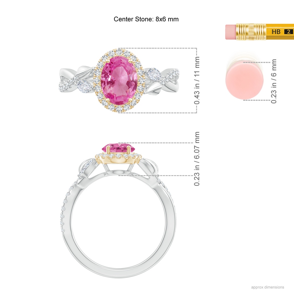 8x6mm AAA Oval Pink Sapphire Twisted Vine Ring with Diamond Halo in White Gold Yellow Gold Product Image