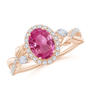 8x6mm AAAA Oval Pink Sapphire Twisted Vine Ring with Diamond Halo in Rose Gold