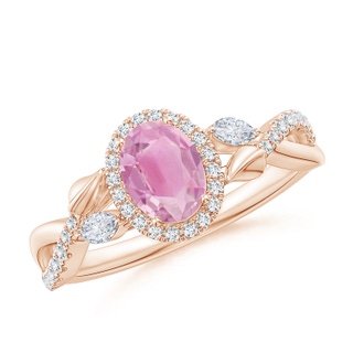 7x5mm A Oval Pink Tourmaline Twisted Vine Ring with Diamond Halo in 10K Rose Gold