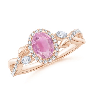 7x5mm A Oval Pink Tourmaline Twisted Vine Ring with Diamond Halo in Rose Gold