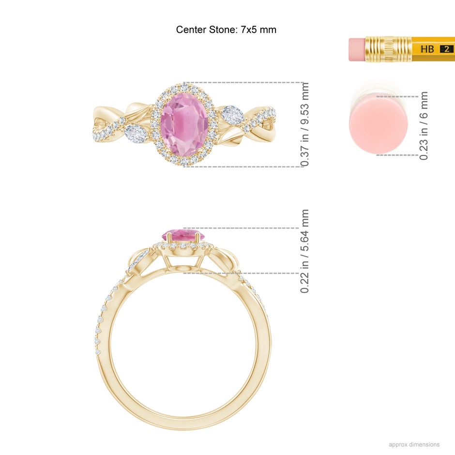 7x5mm A Oval Pink Tourmaline Twisted Vine Ring with Diamond Halo in Yellow Gold ruler