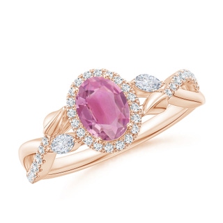 7x5mm AA Oval Pink Tourmaline Twisted Vine Ring with Diamond Halo in 9K Rose Gold