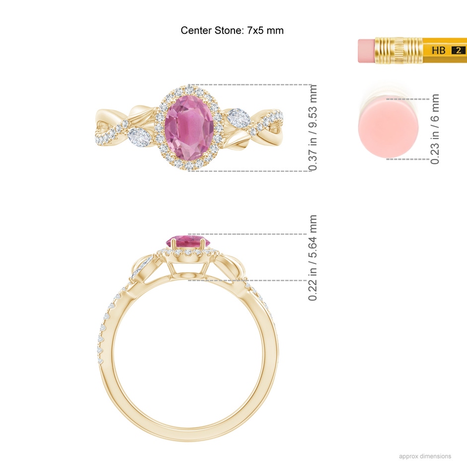 7x5mm AA Oval Pink Tourmaline Twisted Vine Ring with Diamond Halo in Yellow Gold ruler
