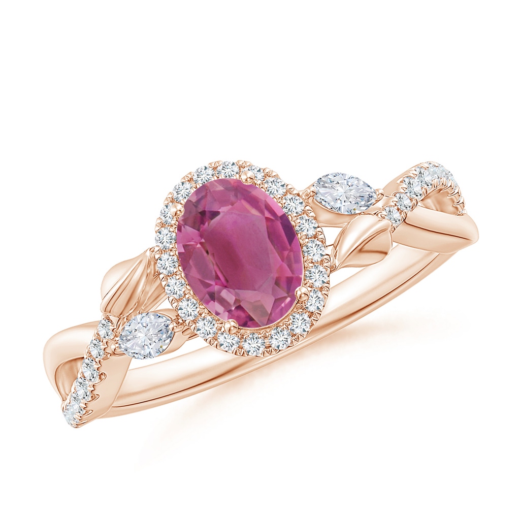7x5mm AAA Oval Pink Tourmaline Twisted Vine Ring with Diamond Halo in Rose Gold