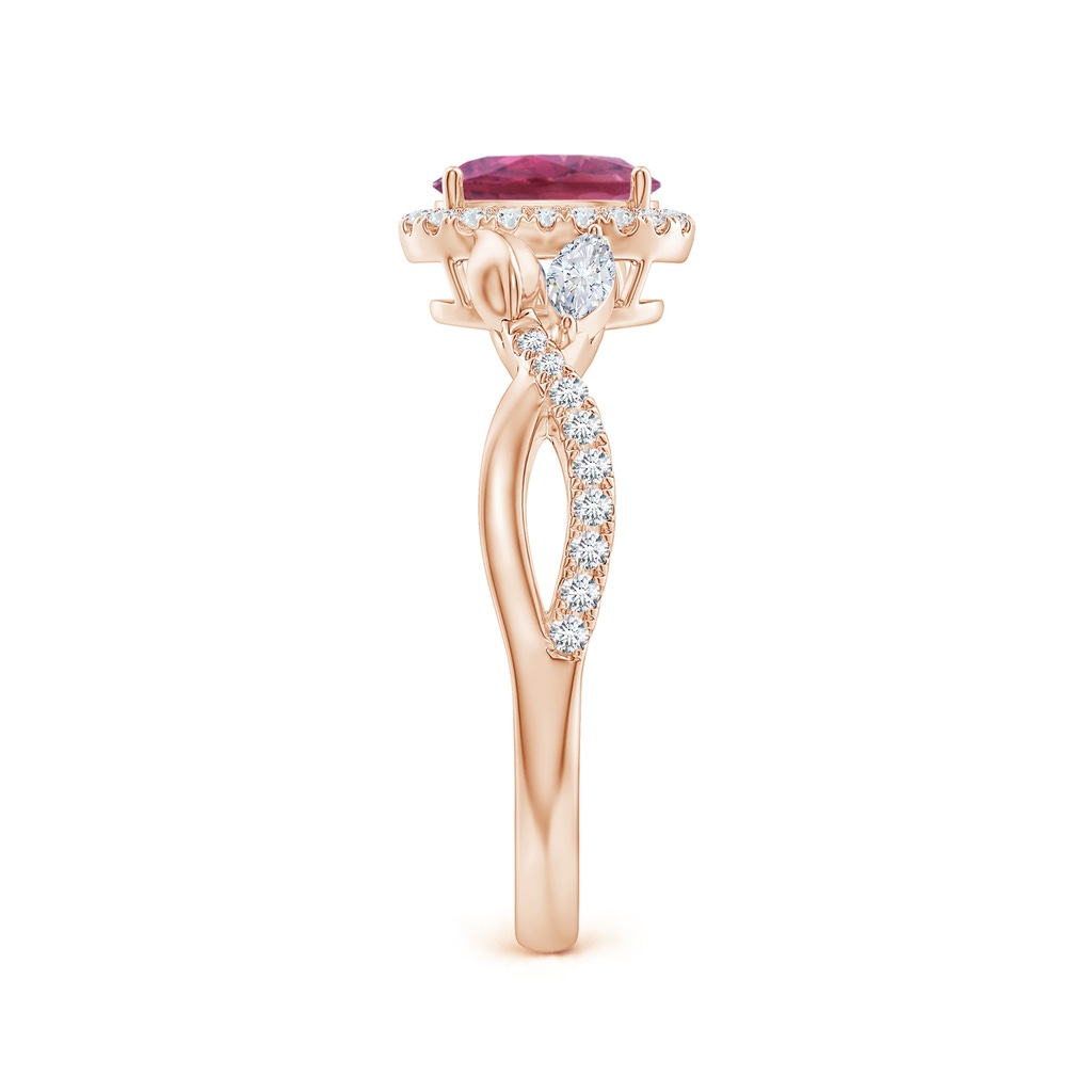 7x5mm AAA Oval Pink Tourmaline Twisted Vine Ring with Diamond Halo in Rose Gold Side-2