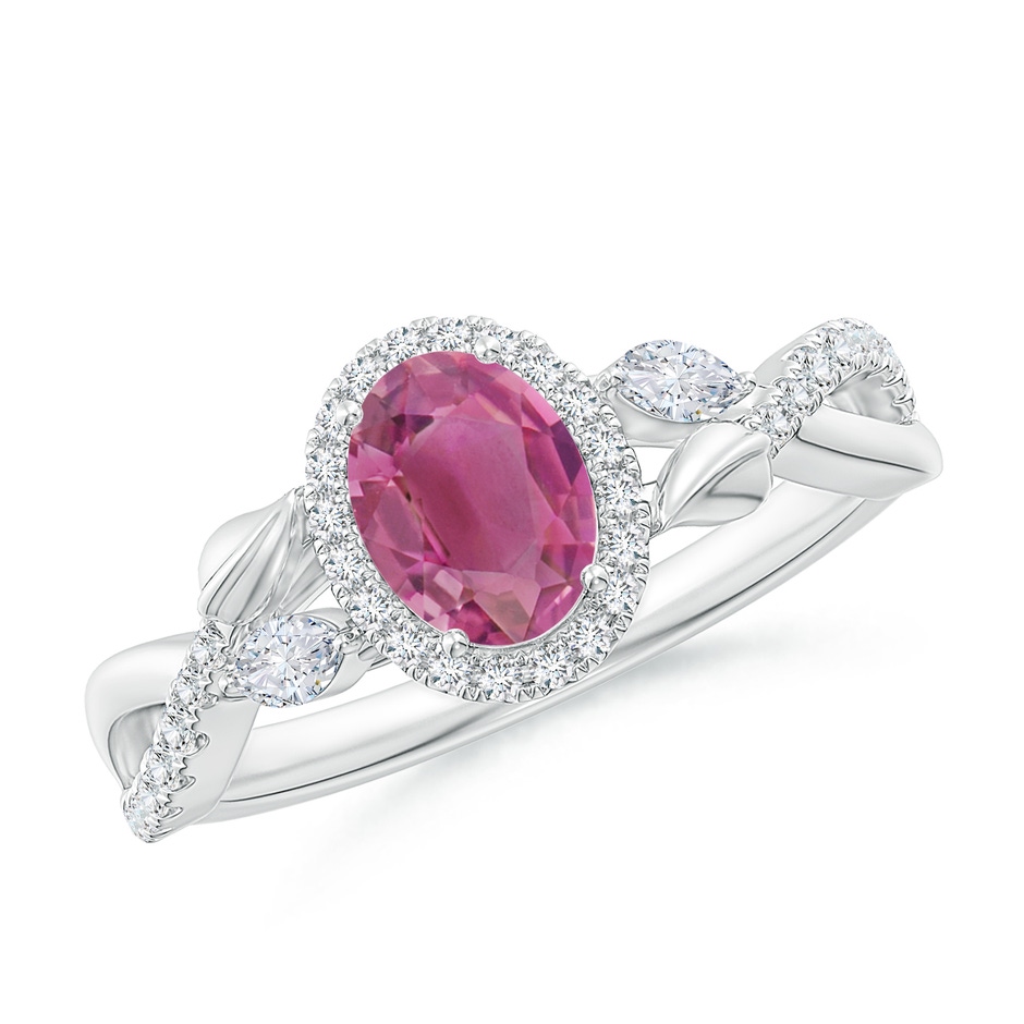 7x5mm AAA Oval Pink Tourmaline Twisted Vine Ring with Diamond Halo in White Gold 