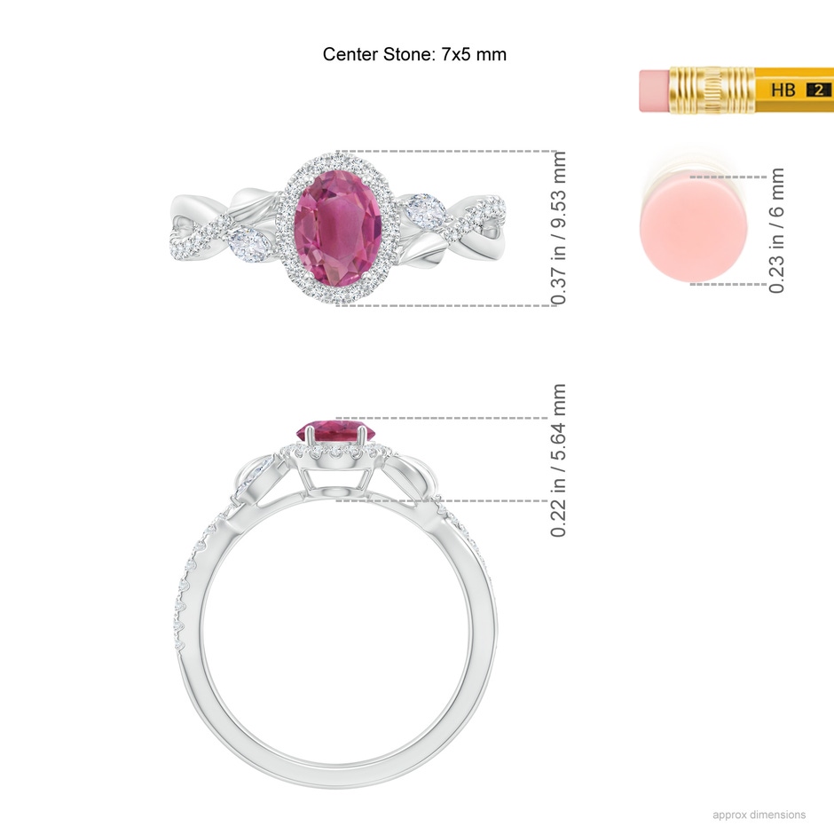 7x5mm AAA Oval Pink Tourmaline Twisted Vine Ring with Diamond Halo in White Gold ruler