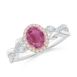 7x5mm AAA Oval Pink Tourmaline Twisted Vine Ring with Diamond Halo in White Gold Rose Gold