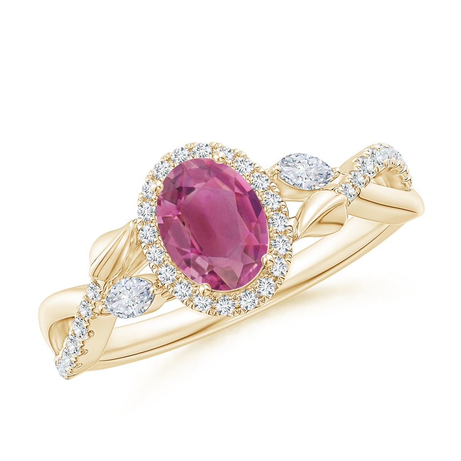 7x5mm AAA Oval Pink Tourmaline Twisted Vine Ring with Diamond Halo in Yellow Gold 