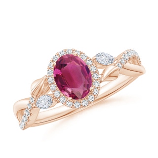 7x5mm AAAA Oval Pink Tourmaline Twisted Vine Ring with Diamond Halo in Rose Gold