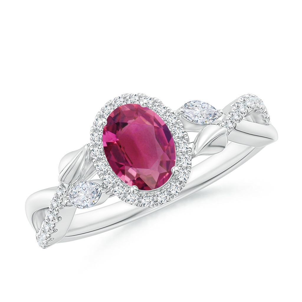 7x5mm AAAA Oval Pink Tourmaline Twisted Vine Ring with Diamond Halo in White Gold