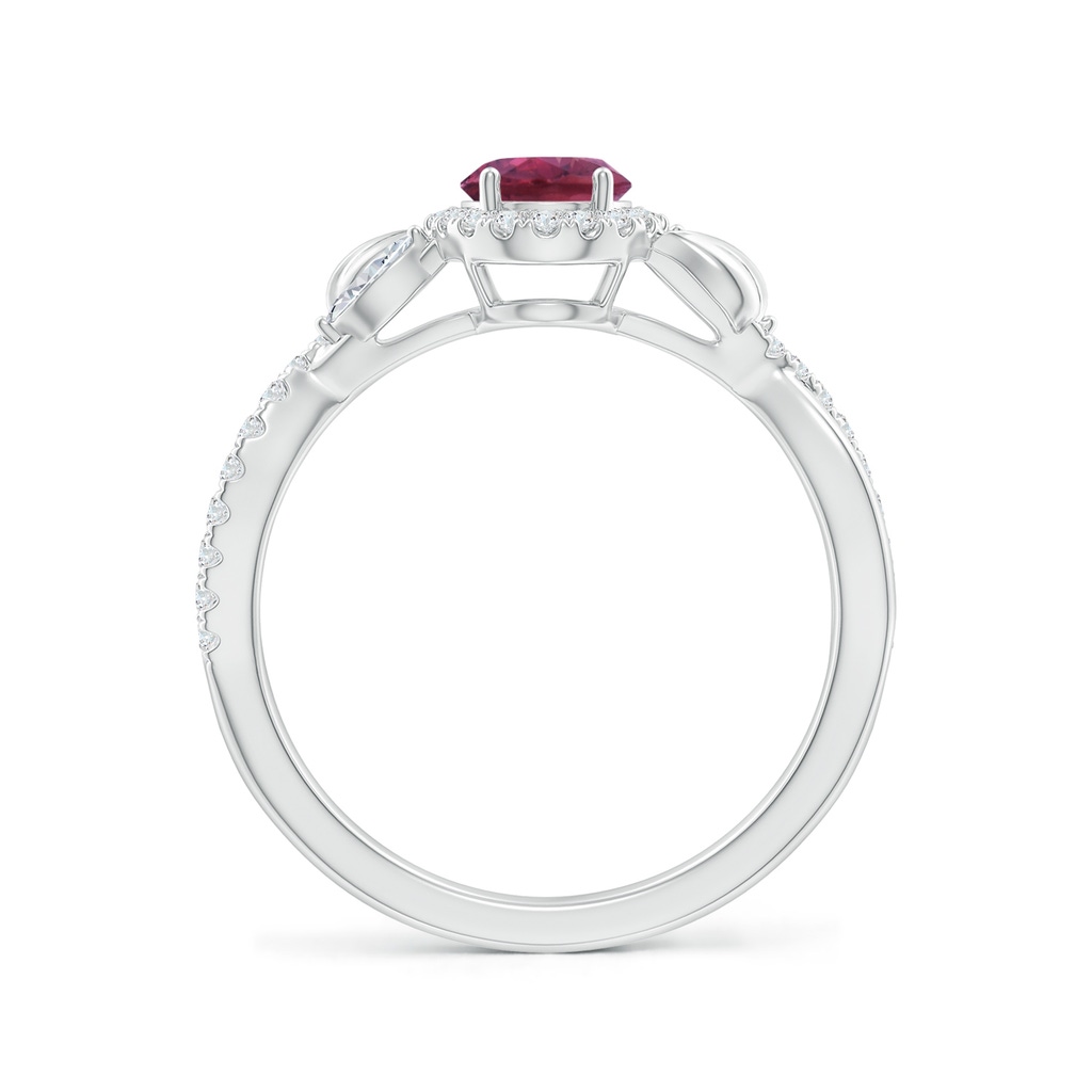 7x5mm AAAA Oval Pink Tourmaline Twisted Vine Ring with Diamond Halo in White Gold Side-1