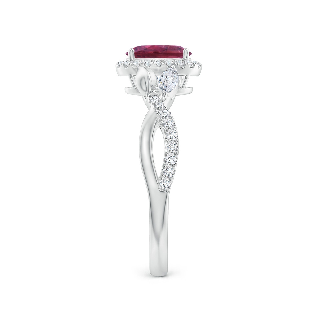 7x5mm AAAA Oval Pink Tourmaline Twisted Vine Ring with Diamond Halo in White Gold Side-2