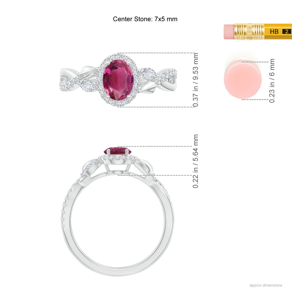 7x5mm AAAA Oval Pink Tourmaline Twisted Vine Ring with Diamond Halo in White Gold Ruler