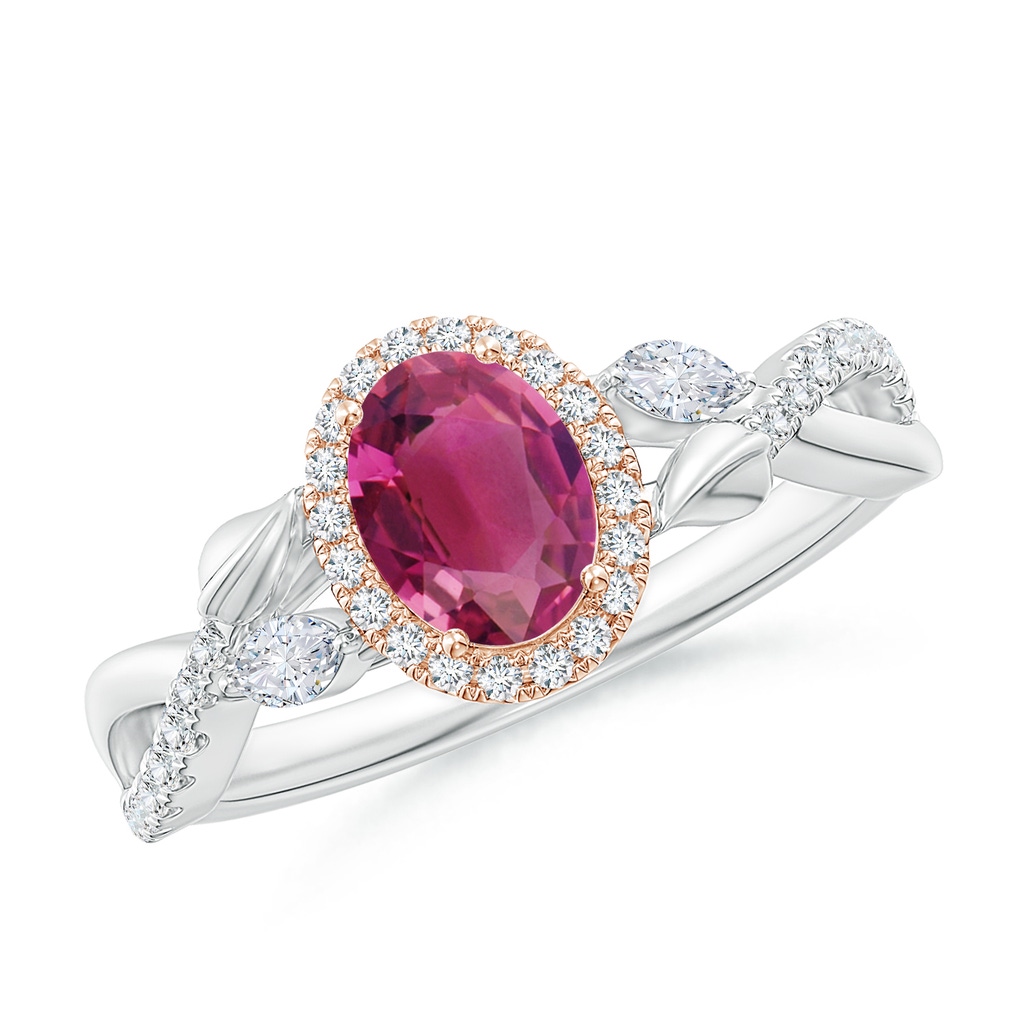 7x5mm AAAA Oval Pink Tourmaline Twisted Vine Ring with Diamond Halo in White Gold Rose Gold