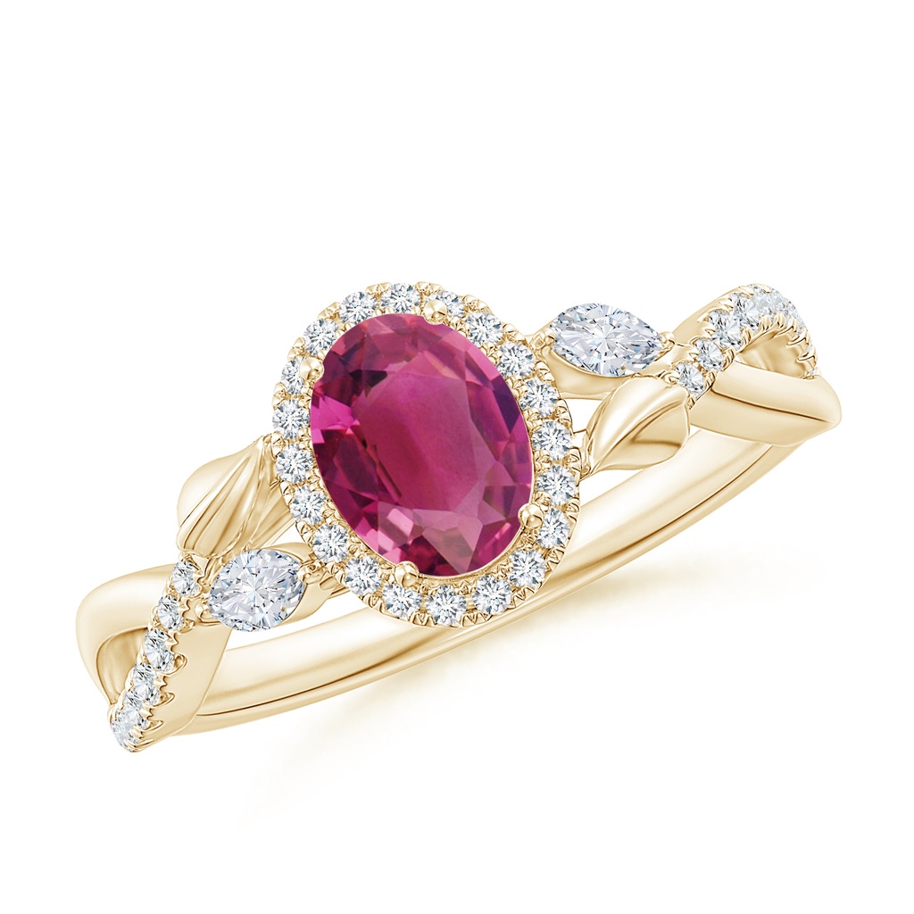 7x5mm AAAA Oval Pink Tourmaline Twisted Vine Ring with Diamond Halo in Yellow Gold