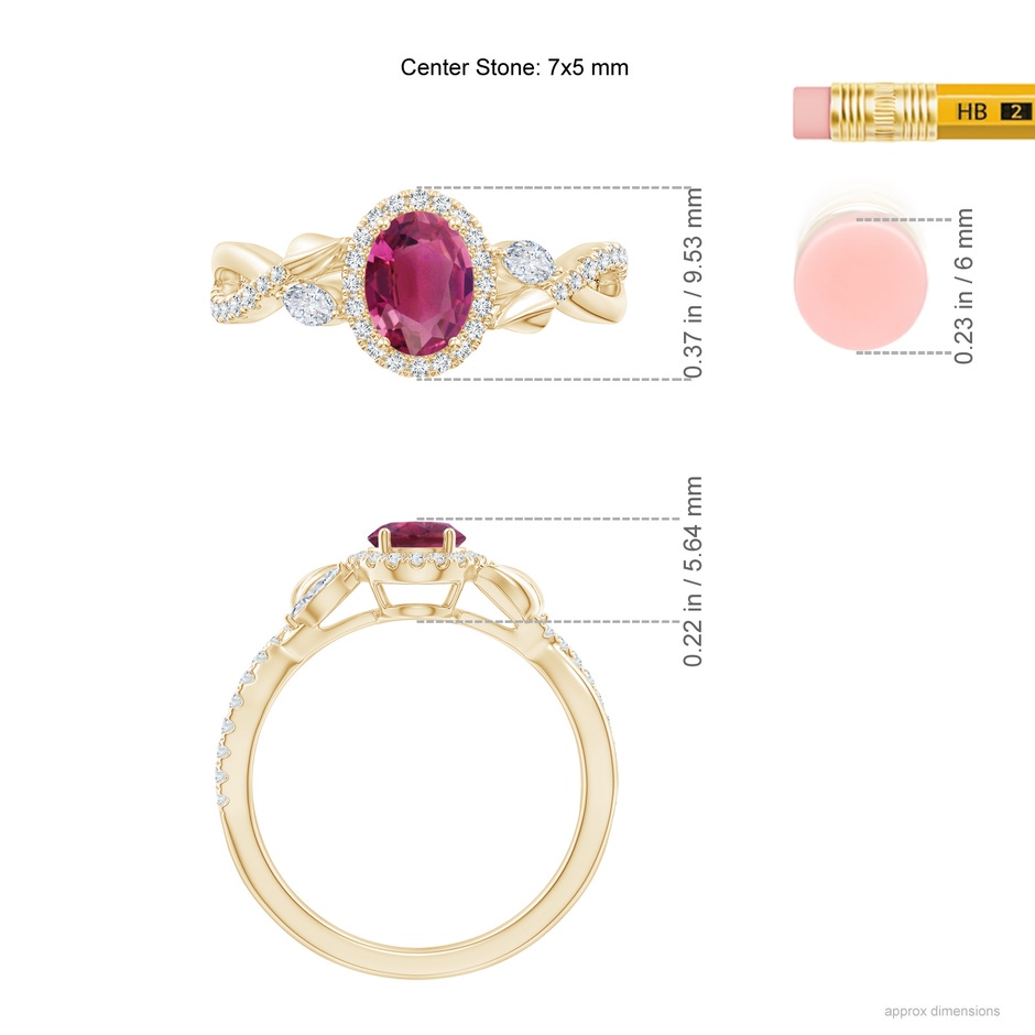7x5mm AAAA Oval Pink Tourmaline Twisted Vine Ring with Diamond Halo in Yellow Gold ruler