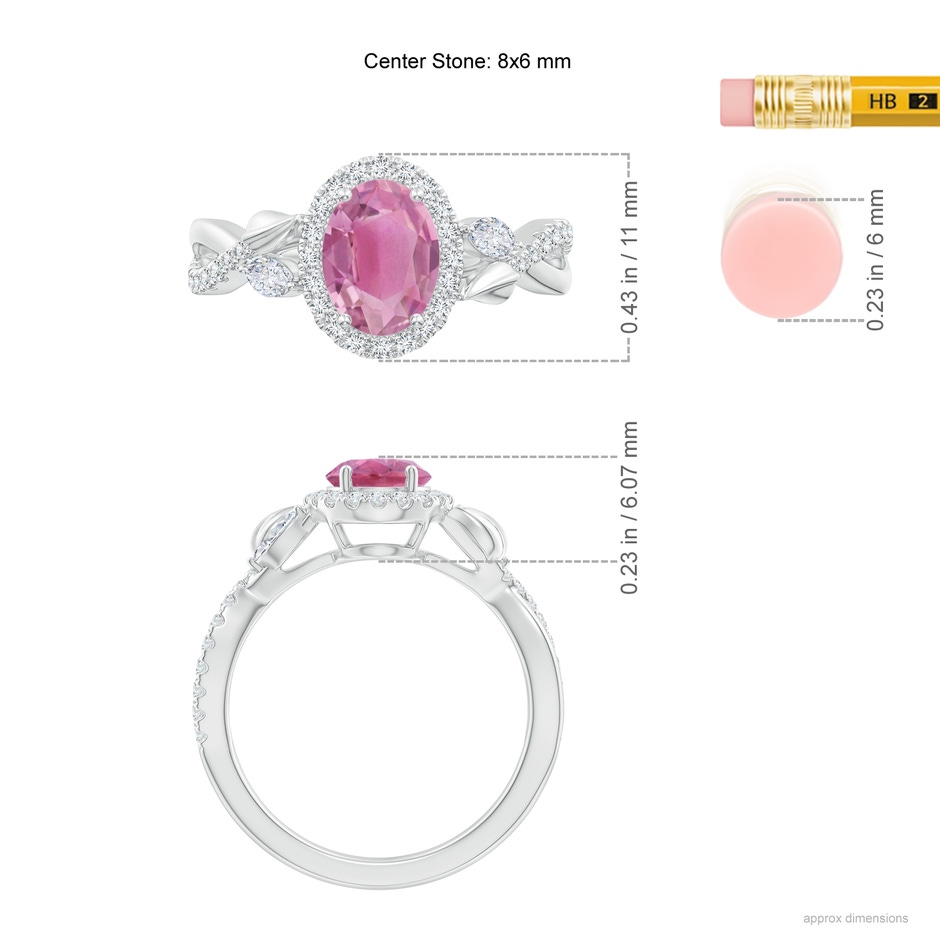 8x6mm AA Oval Pink Tourmaline Twisted Vine Ring with Diamond Halo in White Gold ruler