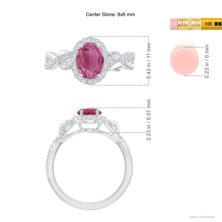 8x6mm AAA Oval Pink Tourmaline Twisted Vine Ring with Diamond Halo in White Gold ruler