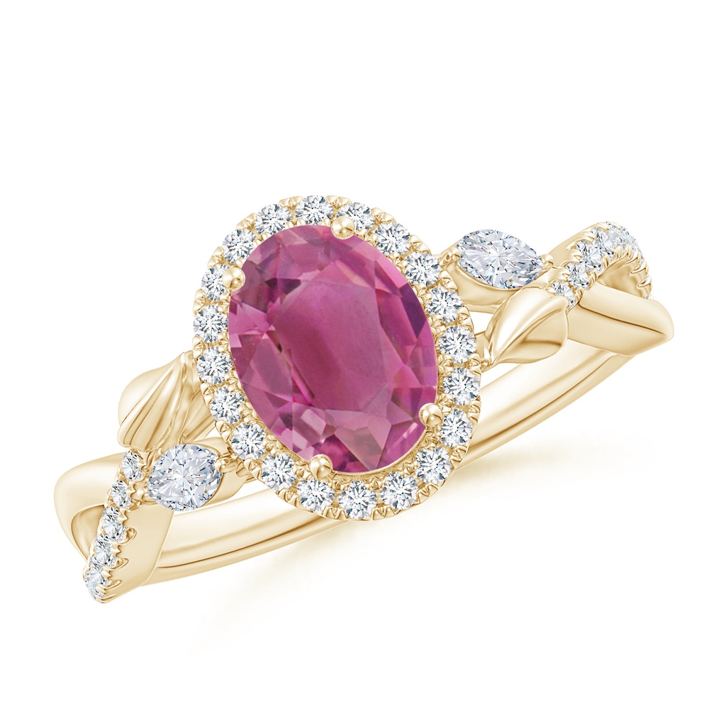 8x6mm AAA Oval Pink Tourmaline Twisted Vine Ring with Diamond Halo in Yellow Gold 