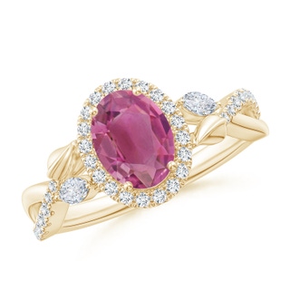 8x6mm AAA Oval Pink Tourmaline Twisted Vine Ring with Diamond Halo in Yellow Gold