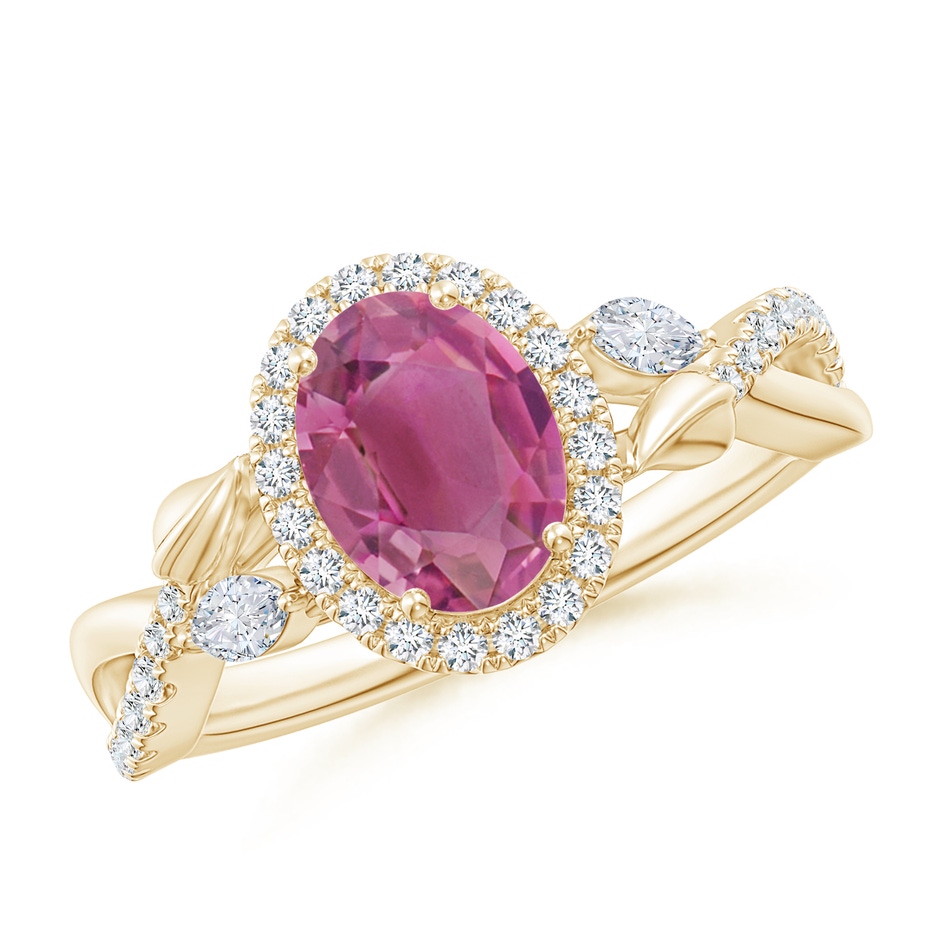 8x6mm AAA Oval Pink Tourmaline Twisted Vine Ring with Diamond Halo in Yellow Gold 