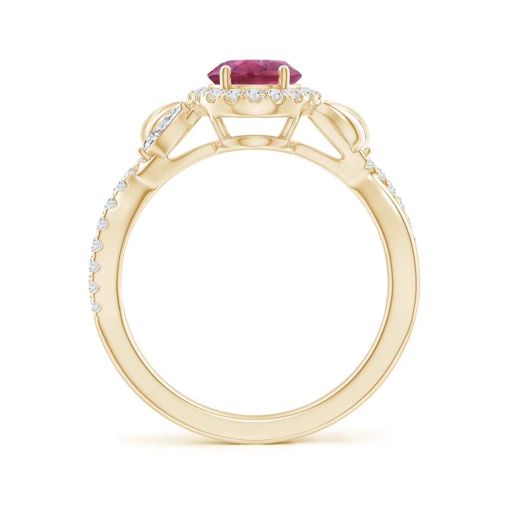 8x6mm AAA Oval Pink Tourmaline Twisted Vine Ring with Diamond Halo in Yellow Gold Side-1