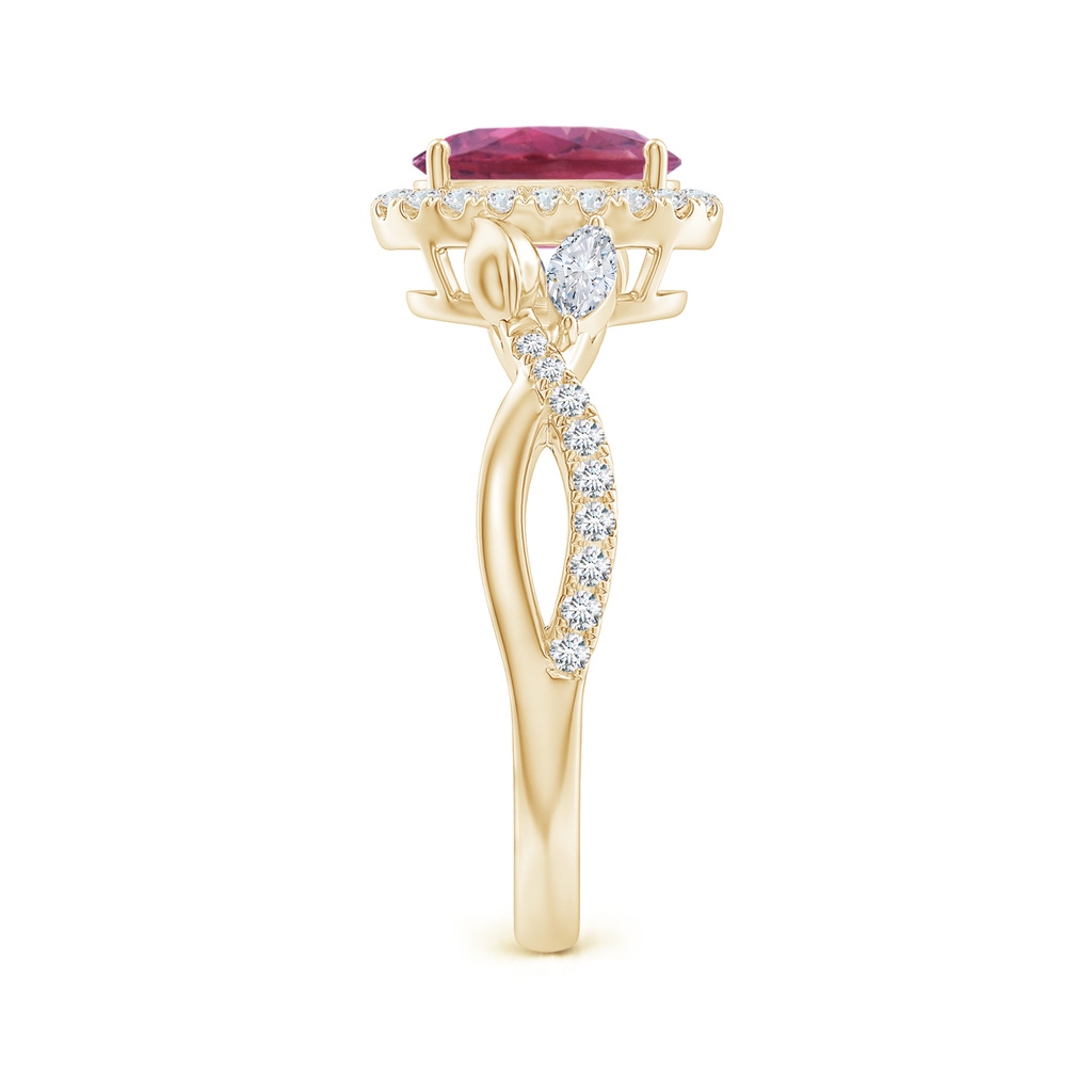 8x6mm AAA Oval Pink Tourmaline Twisted Vine Ring with Diamond Halo in Yellow Gold Side-2