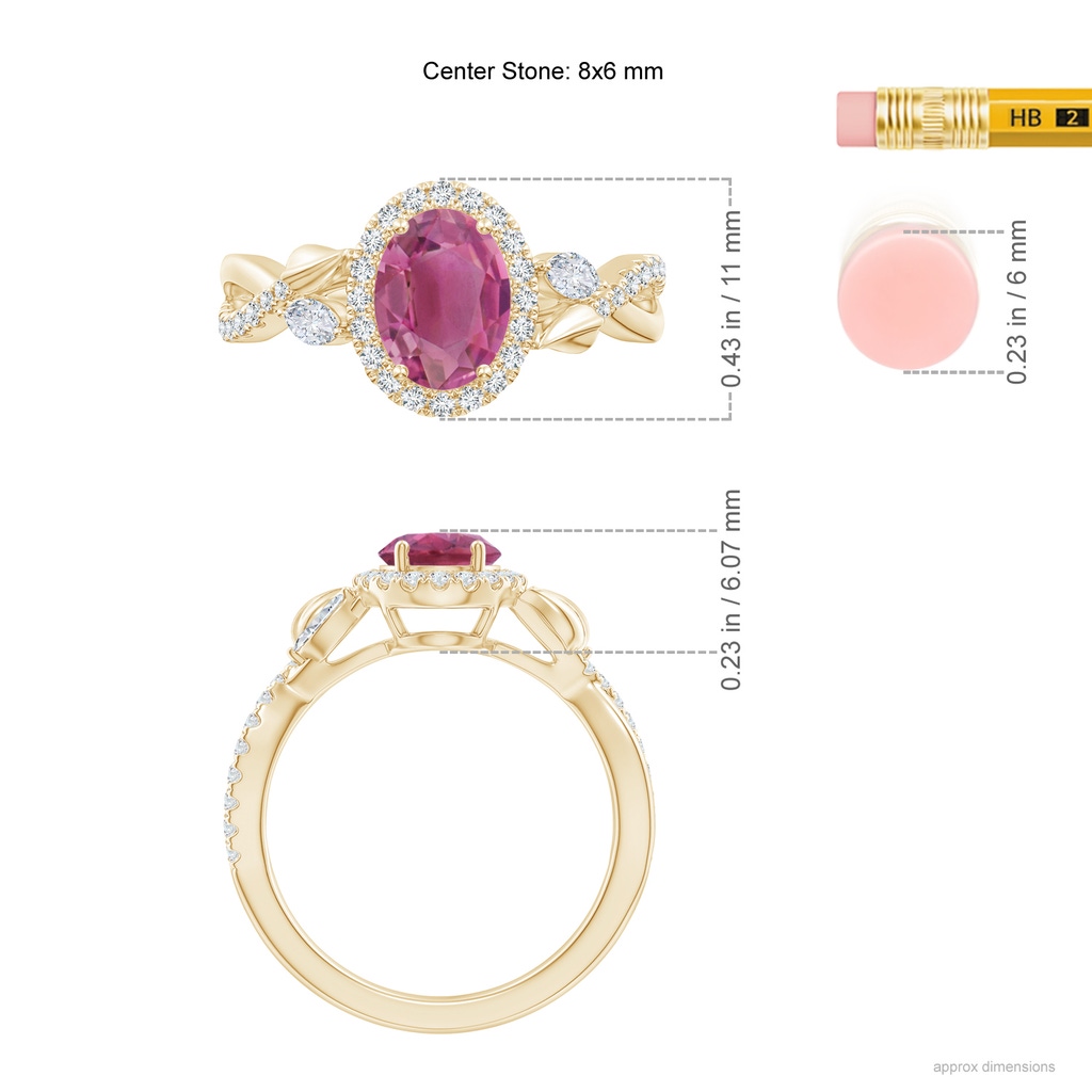 8x6mm AAA Oval Pink Tourmaline Twisted Vine Ring with Diamond Halo in Yellow Gold Ruler