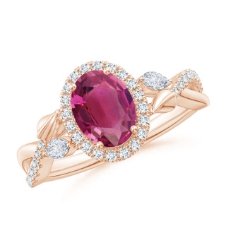 8x6mm AAAA Oval Pink Tourmaline Twisted Vine Ring with Diamond Halo in Rose Gold