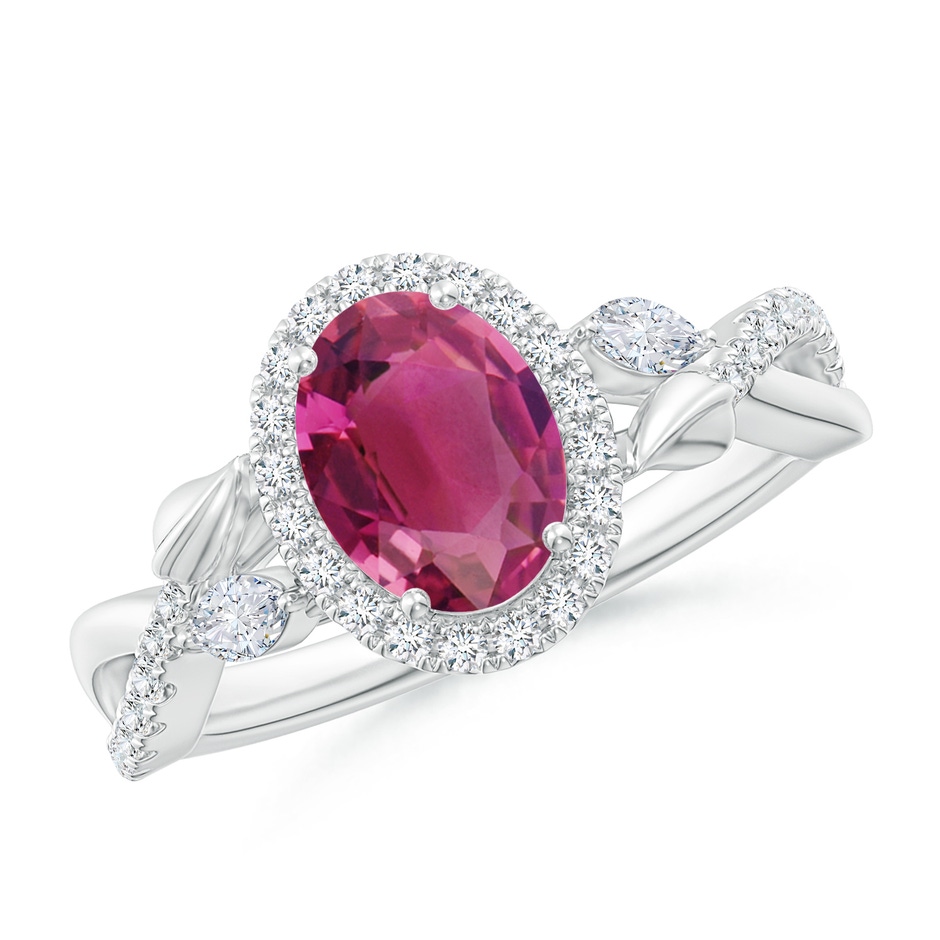 8x6mm AAAA Oval Pink Tourmaline Twisted Vine Ring with Diamond Halo in White Gold 
