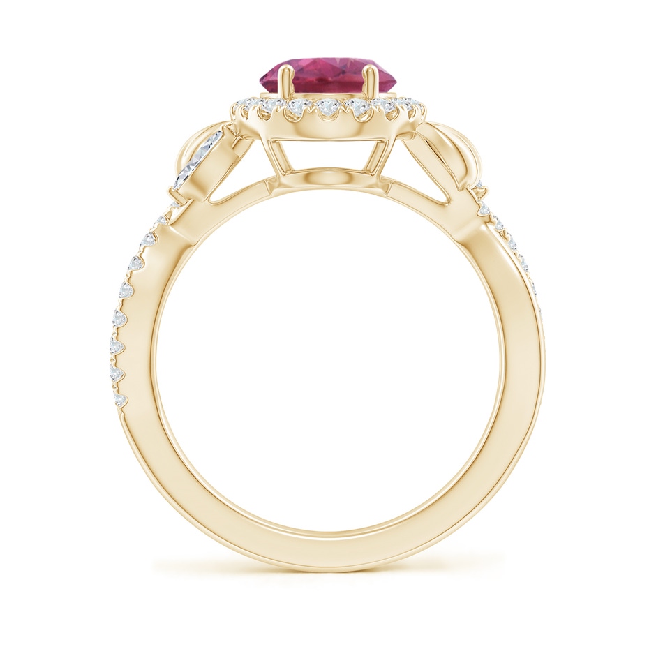 9x7mm AAA Oval Pink Tourmaline Twisted Vine Ring with Diamond Halo in Yellow Gold side-1