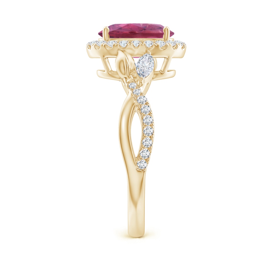 9x7mm AAA Oval Pink Tourmaline Twisted Vine Ring with Diamond Halo in Yellow Gold side-2