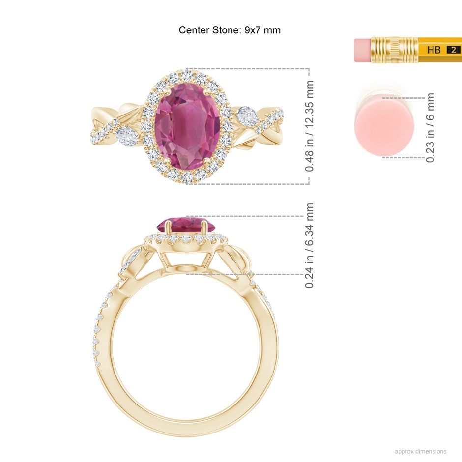 9x7mm AAA Oval Pink Tourmaline Twisted Vine Ring with Diamond Halo in Yellow Gold ruler